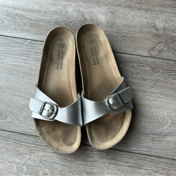 Josef Seibel Silver Leather Buckle Slippers Cognac Made in Germany - Picture 2 of 12